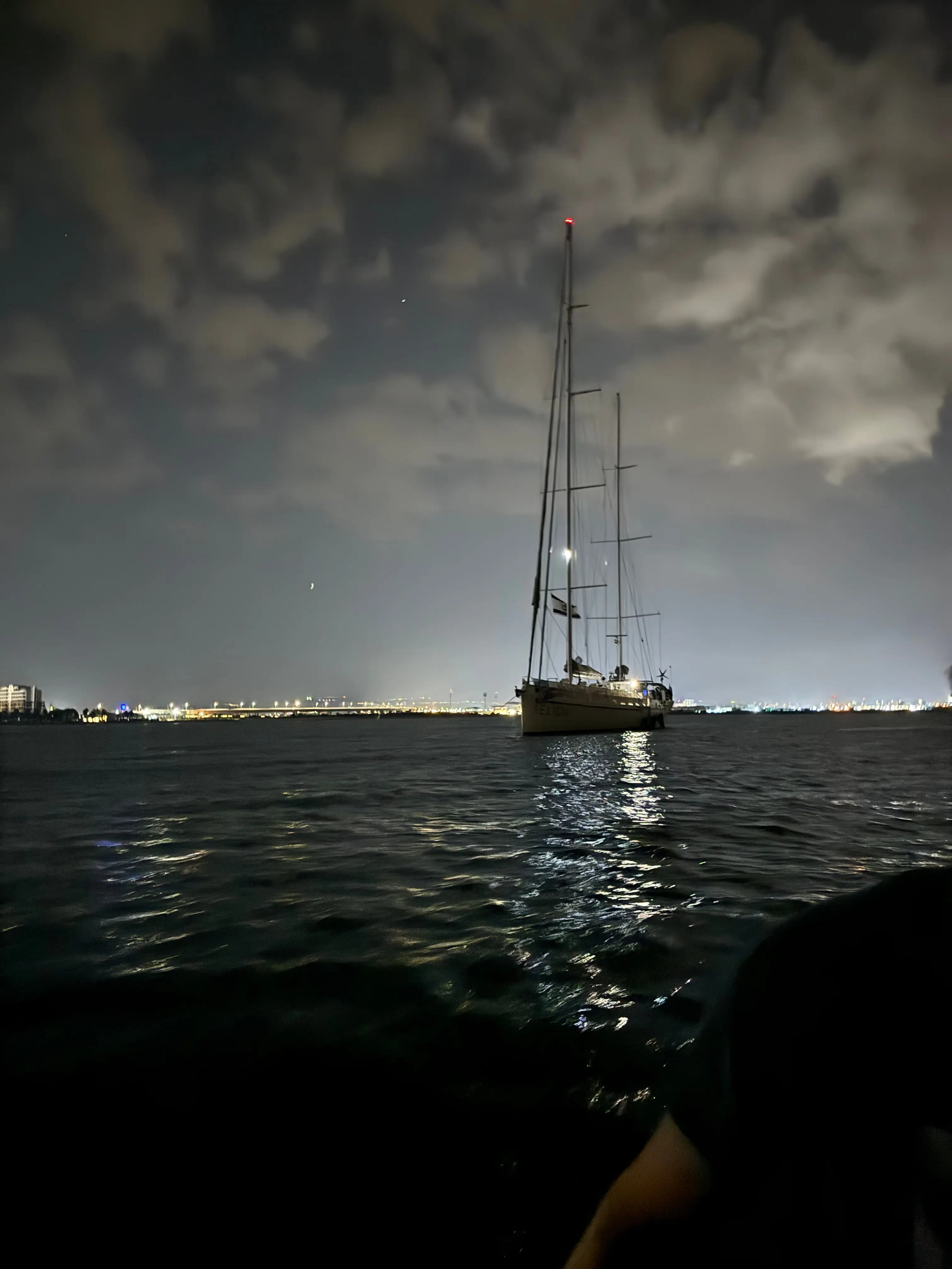 Das schwedische Segelschiff nachts vor Akko, vom Schlauchboot aus in der Ferne gesehen